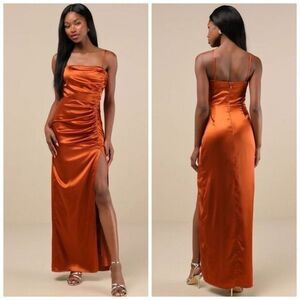Lulus Luxurious Marvel Rust Orange Satin Ruched Column Maxi Dress Size Large